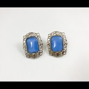 Filigree earrings silver tone light blue square